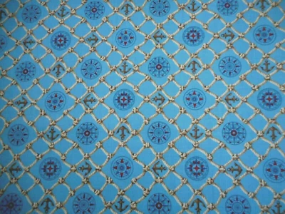 Nautical Quilt Fabric 1 Yard Anchor Compass Rope Dusty Med Blue Cotton Vtg - Image 1 of 2