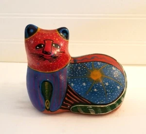 Mexican Folk Art Cat Figurine with Sun and Stars Red Clay Pottery 5 in - Picture 1 of 12