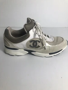 Chanel Women's CC Logo Sneakers White Leather, Bone Suede, Green Mesh, Gold Trim - Picture 1 of 23