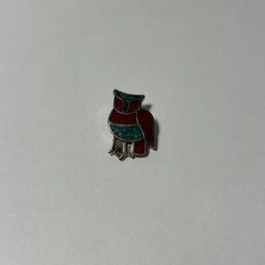 Vintage Southwestern Turquoise and Coral Chip Inlay Owl Pendant - Picture 1 of 4