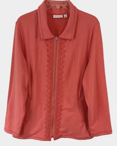 Susan Graver French Terry Jacket Coral Sz L Crochet Trim Zip Front Women H876 - Picture 1 of 5