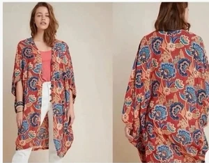 Kimono aperto Andersen & Lauth Anthropologie donna taglia unica garza rosso floreale boho - Foto 1 di 6