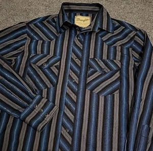 Wrangler Shirt Mens Medium Western Pearl Snap Metallic Slim Fit Long Sleeve - Picture 1 of 7