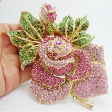 5" Holy Rose Green Pink Bud Leaf Crystal Brooch Pink Rhinestone Flower