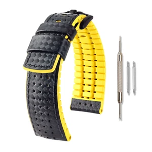HIRSCH Ayrton Leather Watch Strap - Natural Rubber - Black/Yellow - L - 24mm - Picture 1 of 13