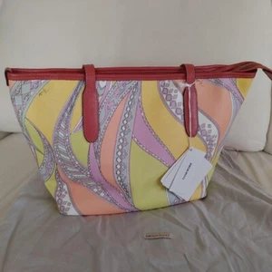 Emilio Pucci Tote Bag Hand Bag color Yellow Purple Multicolor Leather NEW - Picture 1 of 10