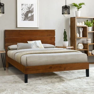 Queen Platform Bed Frame W/ Headboard /No Box Spring Needed /Wood Slatted Brown - Picture 1 of 9