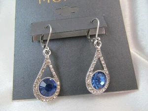 NWT MONET SILVER & "SAPPHIRE BLUE" & CLEAR RHINESTONES TEARDROP DANGLE EARRINGS - Picture 1 of 6