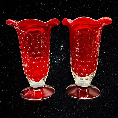 Vintage Set of 2 Art Glass Hand Blown Ruby Red Hobnail Bud Vases 6”T 3.75”W - Image 1 of 4