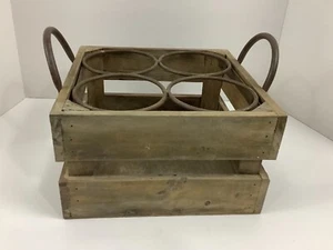 Rustic Farm House Decor Wood Wine Plant Utensil 4 Bottle Crate Heavy Iron Handle - Picture 1 of 10