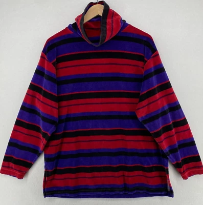 RUSS Shirt Womens M Velour Striped Turtleneck Cotton Blend Red Blue Vintage 80s - Image 1 of 4