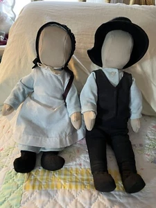 Vtg Handmade Amish Faceless Couple Boy 15”Girl 14” Lot Of 2 His/Her Dolls - Picture 1 of 6