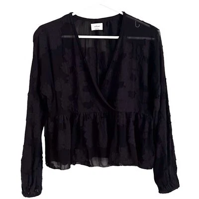 Blusa Top Aritzia Wilfred Negra Apliques de Encaje Floral Manga Larga Peplum Pequeña Foto 1 de 4