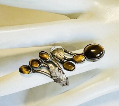 Sterling Silver Tiger’s Eye Long Wrap By-Pass Ring Size 8 Adj. Vintage - Image 1 of 4
