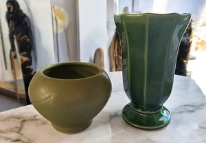 Vintage 2er Set grüne McCoy & Floraline Übertopf USA 415 Vase MCM Steinzeug - T1 - Bild 1 von 9