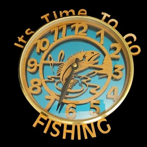Its Time To Go Fishing Wall Clock Wood Fish Design Quartz Takane USA Vintage - Picture 1 of 4
