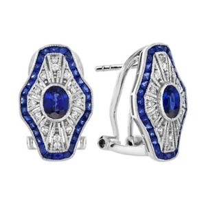 18K White Gold Natural Sapphire and Diamond Deco Style Omega Back Earrings - Picture 1 of 9