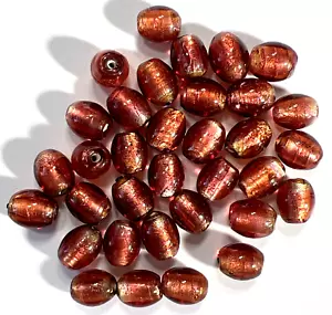 Venetian Murano Glass Beads: 34 Pink / Red & Gold Foil Oval 10mm (#44) - Picture 1 of 4