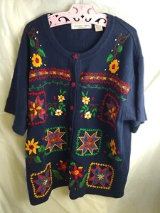 Womens Victoria Jones Cardigan Sweater Embroidered Plaid Spring Flower Easter 1X - Picture 1 of 5