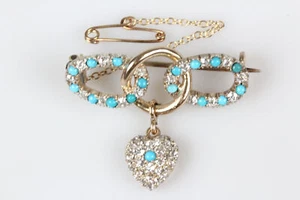 Broche 18 Quilates Oro Diamante Y Turquesa Piedras Preciosas Nouveau Antiguo - Imagen 1 de 10