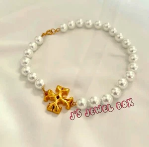 Tory , Gold Roxanne Pearl Logo Short Choker Necklace - Picture 1 of 12