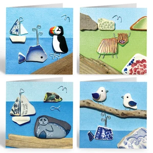 Greetings Cards (Pack of 4) Pebble Art. Puffin, Seagull, Highland Cow, Whale - Picture 1 of 5