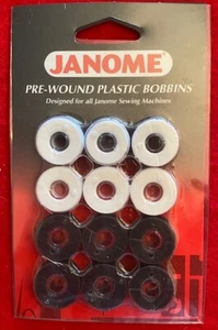 Janome Genuine 12 Count White & Black Pre-Wound Plastic Bobbins For Embroidery - Picture 1 of 2