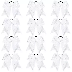 12PCS Glitter Cheer Bow Large White Cheer Bows Rhinestones Hair Bows Girls 7"... - Picture 1 of 7