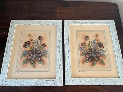 Vtg Set Of 2 Framed Prairie Pictures Feather-Flower Craft Signed Ida G. Bisek - Image 1 of 4
