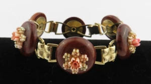 Pulsera Floral Celuloide Tallado y Madera Años 40 De Colección 6 Eslabones - Imagen 1 de 9