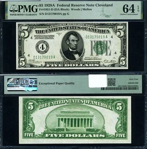 FR. 1951 D $5 1928-A Federal Reserve Note Cleveland D-A Block Choice PMG CU64 EP - Picture 1 of 3