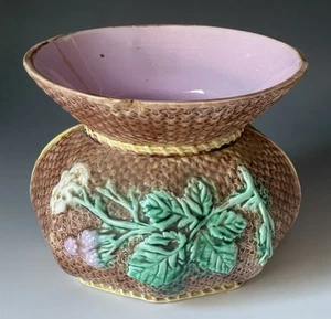 Antique Victorian Spittoon Majolica Pottery Cuspidor Weave & Flower English - Picture 1 of 12