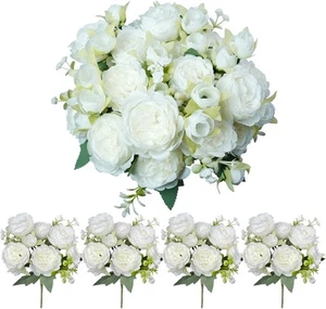 4 Bundles Silk Peonies Artificial Flowers, White Fake Peony 4 Pcs, - Picture 1 of 7