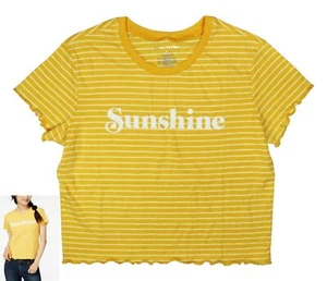 Love Tribe Sunshine Print Striped Ruffled Hem Crew Neck T-Shirt Yellow - Picture 1 of 5