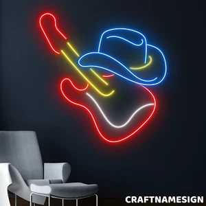 Cowboy Guitar Neon Sign, Western Country Living Wall Room Decor - Picture 1 of 12