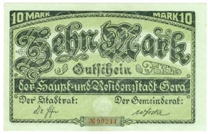Billete de emergencia 10 marcos Gera Turingia 1919 papel moneda documento dinero - Imagen 1 de 2