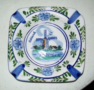 Vintage Holland Delft Handpainted 5" Square Blue & White Windmill Ashtray Dish - Picture 1 of 2