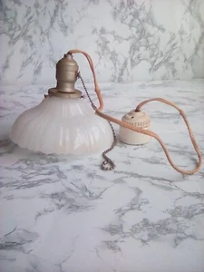 Antique Milk Glass Pendant Ceiling Light Fixture Original Wire and Lightbulb 5 - Picture 1 of 8