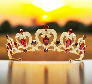 Burgundy Rhinestone Tiara, Girl's Gold tiara, Heart shape tiara, Princess tiara - Picture 1 of 9