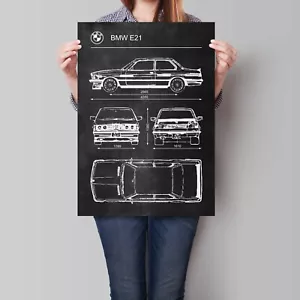 Poster BMW E21 auto retrò vintage blueprint art - Foto 1 di 5
