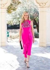 Karen Millen pink dress embellished ruffle figure form crepe Dress fushsia Us 6 - Picture 1 of 8