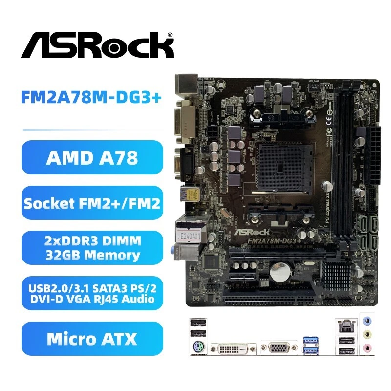 ASRock FM2A78M-DG3+ Motherboard M-ATX AMD A78 FM2+/FM2 DDR3 SATA3 DVI-D VGA+I/O - Image 1 of 4