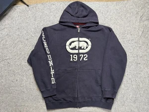 Ecko Unltd Hoodie Herren Large marineblau durchgehender Reißverschluss 1972 Nashorn Applikation Ärmel Spruch - Bild 1 von 13