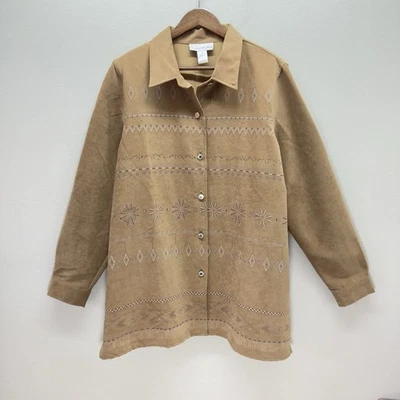 Susan Graver Aztec Shacket 女式 1X 棕褐色 Lagenlook 纽扣衬衫 部落束腰外衣 — 第 1/4 张图片