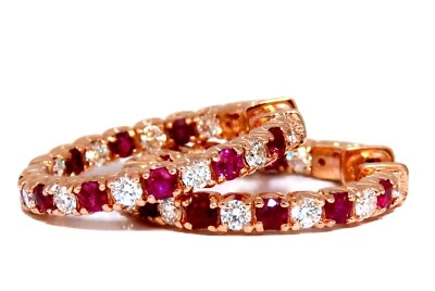 3.45ct natural Ruby diamonds hoop earrings 14kt rose gold inside out + - Image 1 of 4