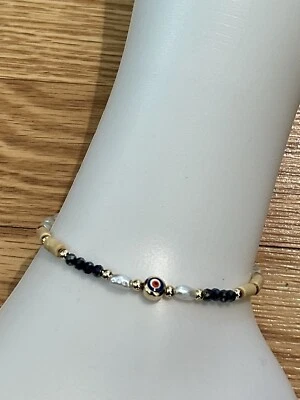 Evil Eye Anklet Handmade With Gold Balls Faux Pearls And Blue Crystals - Image 1 of 2