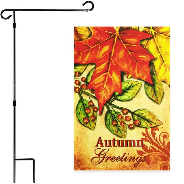 G128 Garden Flag Autumn Greetings Large Maple Leaf & Garden Flag Stand Black