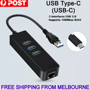 USB 3.0 or Type-C HUB 3 Port with RJ45 Ethernet Adapter 100Mbps to PC MAC Laptop - Picture 1 of 4