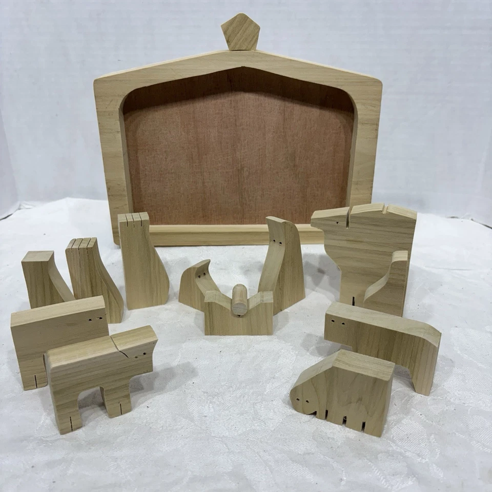 Conjunto de quebra-cabeças vintage artesanal de madeira animais estáveis figuras de Natal - Imagem 1 de 4