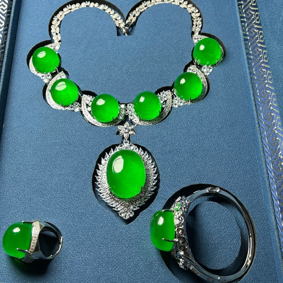 Certified Nature ice green Burmese Jade jadeite necklaces&bracelets&Rings Sets - Image 1 of 4